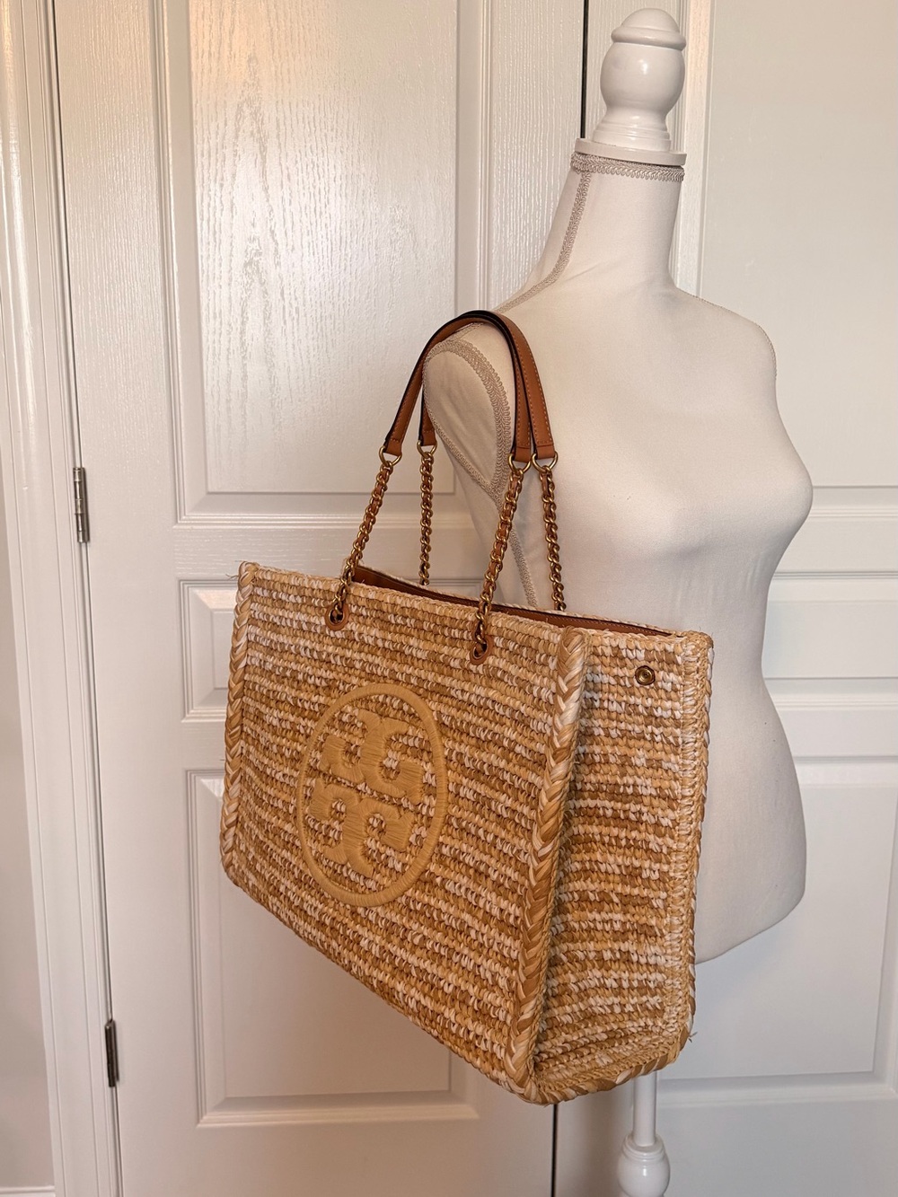 NWOT - Tory Burch Ella Raffia Tote - Cream & White - Picture 11 of 12